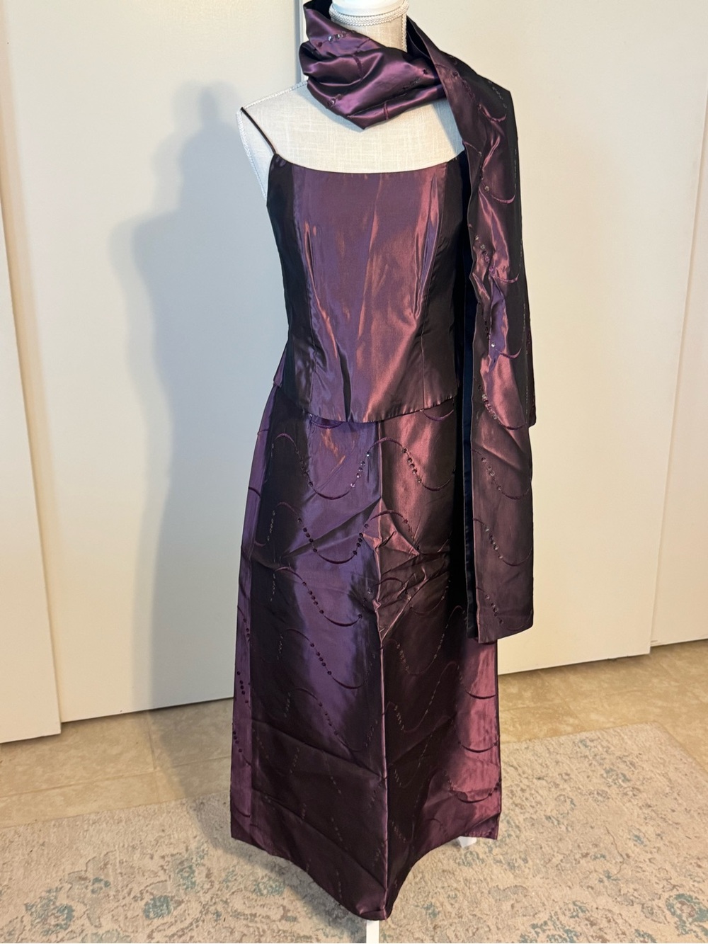 LOFT Purple Satin Maxi Dress with Matching Scarf